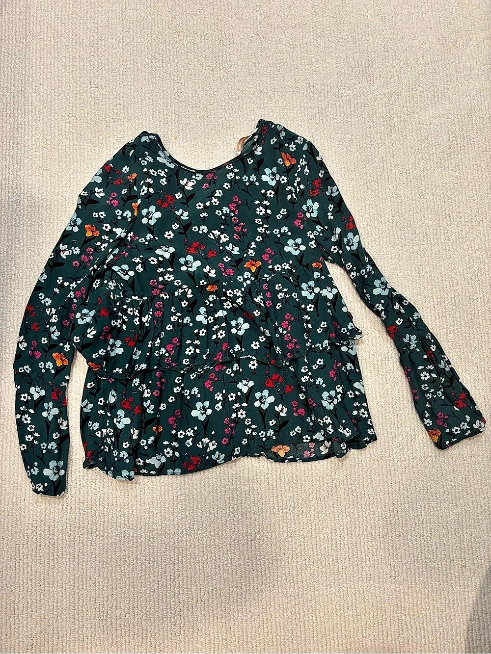 Zara Floral Long Sleeve Blouse in Green & Pink Size Medium